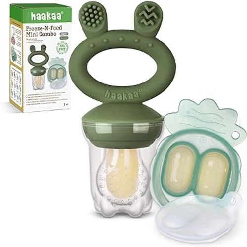 Haakaa Baby Fruit Food Feeder & Mini Freezer Nibble Tray Combo, Breastmilk Popsicle Molds for Baby Cooling Relief, BPA Free Silicone Feeder for Safe Infant Self Feeding, 4 Month+(Olive Green)