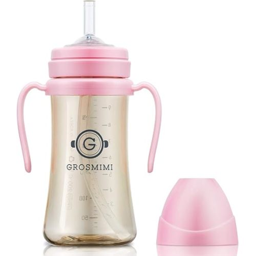 GROSMIMI Spill Proof no Spill Magic Sippy Cup with Straw with Handle for Baby and Toddlers, Customizable, PPSU, BPA Free 10 oz (Pink)