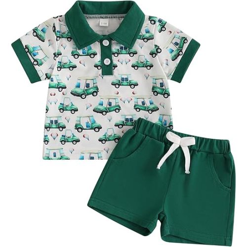 Infant Toddler Baby Boy Golf Outfit Summer Lapel Collar Short Sleeve Button T-shirt Shorts Pants Set 2Pcs Golfing Clothes