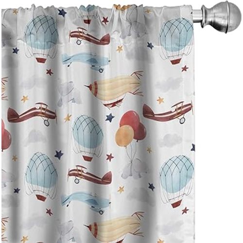 Lunarable Plane Window Curtains, Hot Air Balloon Stars Flying, Lightweight Decor 2-Panel Set with Rod Pocket, Pair of - 28" x 84", White Multicolor