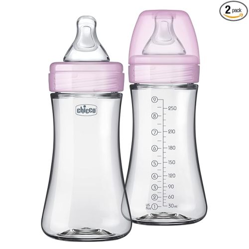 Chicco Duo 9oz Hybrid Baby Bottle, Real Glass Inside, Lightweight Plastic Outside, Patented Invinci-Glass Technology, Intui-Latch Nipple, 2-Pack, Clear/Pink