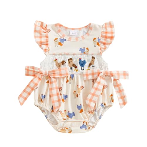 Infant Girl Fly Sleeve Chicken Smocked Romper Summer Embroidery Cross Ruffle Bodysuit Newborn Easter Baby Clothes