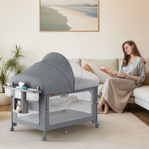 BabyBond 4 in 1 Baby Playard Baby Bassinet Beside Sleeper, Pack and Play, Diaper Changer with Mattress, Mosquito Net for Newborn to Toddles,Gray