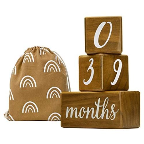 Pondering Pine Baby Milestone Blocks - Natural Pine Wood with Weeks Months Years Grade - Milestones Age Block Set with Boho Rainbow Bag, Newborn Weekly Monthly First Year Picture Props, Earth Friendly