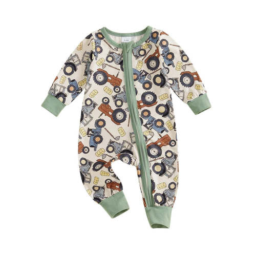 Baby Boys Jumpsuit Long Sleeve Crew Neck Tractor Print Autumn Zipper R – August + Willow