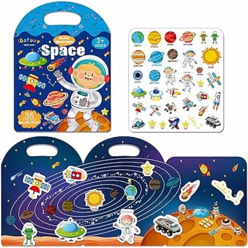 Reusable Sticker Books for Kids, Jelly Quiet Book, Preschool Learning Activities Busy Book for Toddler Travel Toys Waterproof Stickers for Kids 2 3 4 5 6 Year Old Girls Boys (Space)