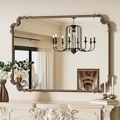 TETOTE Baroque Gold Antique Brass Rectangle Scroll Wall Mirror 40 x 30 Vintage Rounded Corner Framed Baroque French Rectangular Mirror for Mantle Fireplace Bathroom Living Room, Horizontal/Vertical