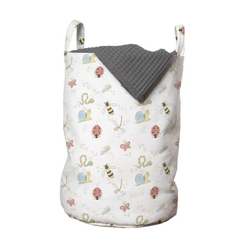 Cartoon Laundry Bag, Funny Insects Ladybug Honey Bee Snail Dragonfly Forest Creatures Pastel, Hamper Basket with Handles Drawstring Closure for Laundromats, 13" x 19", Multicolor, by Ambesonne