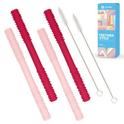 Sperric Baby Hollow Teething Tubes - Soft Silicone Teether Sticks for Infant | BPA Free Teething Straws with Cleaning Brushes (Pink)
