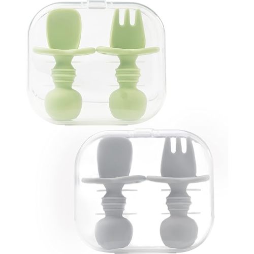 DF DUALFERV 4 Pcs Baby Spoons Self Feeding 6 Months, Silicone Baby Spoons First Stage and Baby Fork, Toddler Utensils for Baby Led Weaning with 2 Cases (Green, Grey)