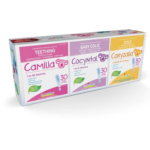 Boiron Baby Box. This gift set contains one box of Camilia 30 doses, one box of Cocyntal 30 doses and one box of Coryzalia 30 doses.
