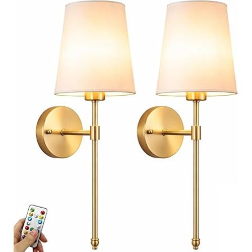 Battery Operated Wall Sconces Set of 2, Rechargeable Wireless Wall Lights with 10000mAh Magnetic Bulbs, Up to 50 Hours Runtime, Remote & RGB Dimmable, Brass for Bedroom Living Room Hallway