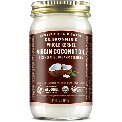 Dr. Bronner's - Organic Virgin Coconut Oil (Whole Kernel, 14 Ounce) - Coconut Oil for Cooking, Baking, Hair & Body, Unrefined & Fresh-Pressed, Rich & Nutty Flavor, Fair Trade, Vegan, Non-GMO