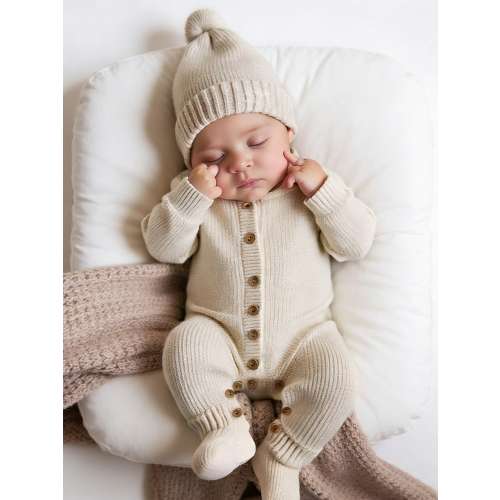 SHEIN 2Pcs Set Knitted Newborn Boy Girl Photograpy Photoshoot Romper Pom Hat Beige Autumn Modest Family Matching Gender Neutral Baby Coming Outfit Jumpsuit