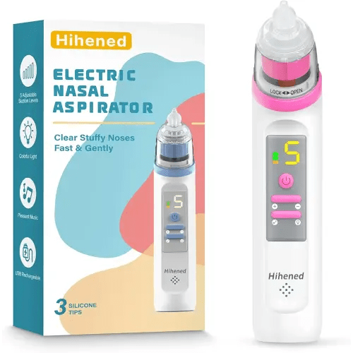 Electric Nasal Aspirator for Baby, Nose Aspirator for Toddlers, Rechargeable Baby Nose Sucker, Nose Cleaner with 3 Silicone Tips, 5 Suction Levels, Music and Light Soothing Function,Rose Red