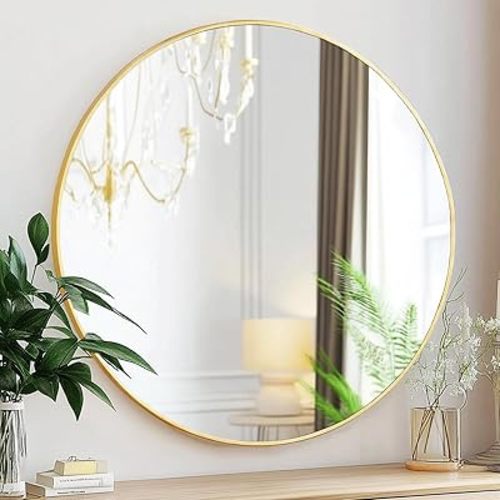 Sunniry Gold Round Mirror, 24 inch Circle Mirror, Gold Brushed Metal Frame Bathroom Mirrors, Round Wall Mounted Mirrors for Bathroom, Hallway, Living Room, Bedroom.