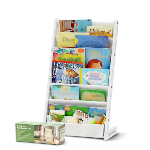 COSYLAND 7-Tier Toddler Bookshelf for Kids Rooms - Wooden Sling Book Rack with Deep Pockets - Fabric Standing Picture Books Display for Nursery, Playroom, Study, Living Room (White)