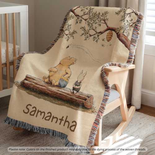 Personalized Winnie the Pooh Woven Baby Blanket, Custom Baby Blanket with name, Classic Pooh Nursery Decor, Newborn Name Blanket Shower Gift