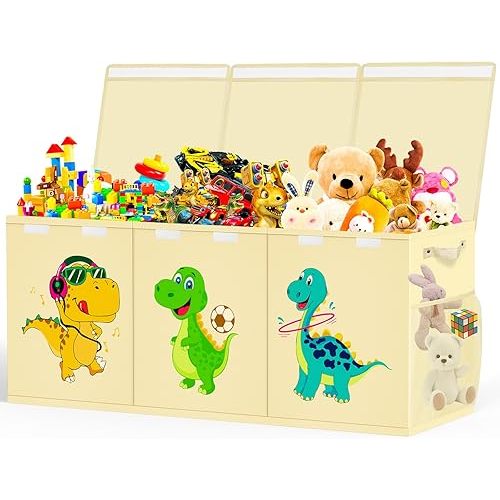 Extra Large Toy Box, Collapsible Toddlers Toy Chest Kids Storage Organizer, Dinosaur Bin Boxes Storage Basket with Lids for Boys, Girls, Living Room, Nursery, Playroom, 40"x14"x16", Beige