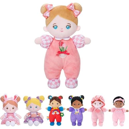 OUOZZZ Soft Baby Doll for Girls - My First Baby Doll Birthday Gifts for Girls Plush Rag Dolls Tulip Pink Dress Toy for Toddlers Kids Infants 10"