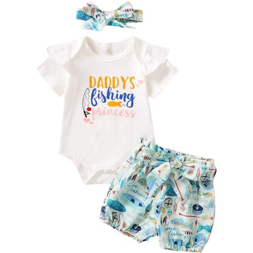 Newborn Girl Clothes Baby Girl Summer Outfit Fishing Short Set Daddy Fishing Bodysuit - 6-12 Months - White