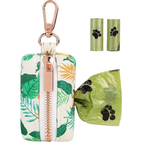 ARING PET Dog Waste Bag Dispenser, Cotton Doggy Poop Bags Holders Attach to Any Leashes, Portable Washable Leaf Pattern Pet Waste Pouch Dispenser with Metal Zipper