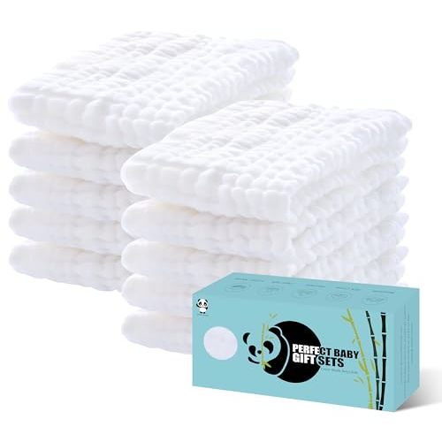HIPHOP PANDA 10 Pack 6-Layers Muslin Burp Cloths Large - Durable 100% Cotton - Baby Essentials Extra Absorbent and Soft Boys & Girls Rags for Newborn Registry (White, 20" X10")