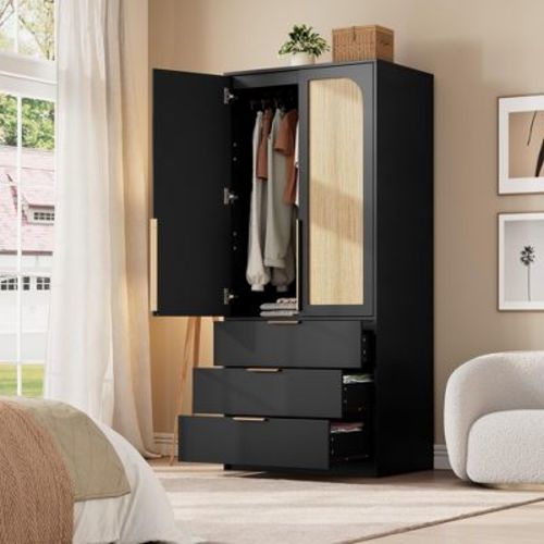 Coolmee Rattan Armoire Wardrobe Closet with 3 Drawers and 2 Doors, Wooden Wardrobe Cabinets for Hanging Clothes, Tall Standing Bedroom Armoires