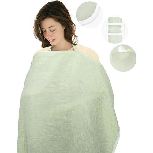 Muslin Nursing Cover for Breastfeeding,Breathable Breastfeeding Cover up with Arch Neckline for Women,Machine Washable & Dryer Safe Feeding Cover Up,43.3” x 25.6” (Light Green)