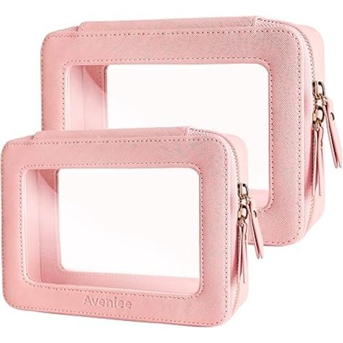 Aveniee Clear Makeup Bag Organizer Set,Portable Travel Toiletry Case for Women, Vegan Leather Cosmetic Pouch Car Bag for Essentials 2pcs,Middle & Large,Pink