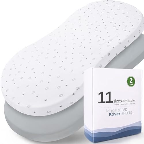 Bassinet Sheets 2 Pack 18" x 30" - Fit for Halo BassiNest Swivel, Glide, Flex Sleeper, 4moms Mamaroo Sleep Bassinet, Baby Boy/Girl, Ultra Soft & Super Stretchy, Grey & White Star