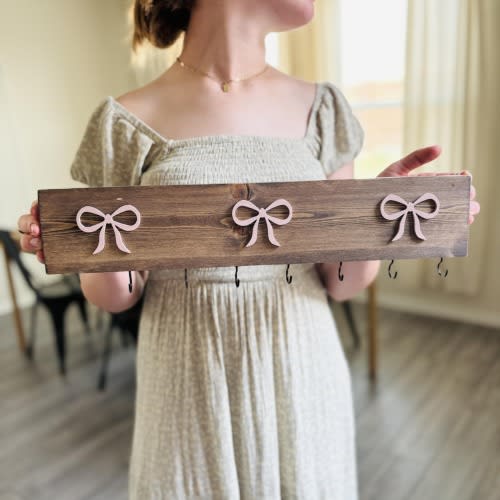 Wood Wall Organizer with Hooks | 3D Bow Design Neutral Boho Storage for Bows, Necklaces, Jewelry or Keys, Rustic Decor | French Cottage