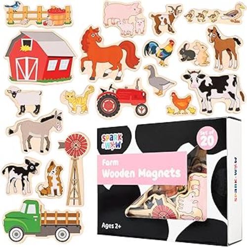 SPARK & WOW Wooden Magnets - Farm - Set of 20 - Magnets for Kids Ages 2+ - Cute Farm Magnets for Fridges, Whiteboards and More
