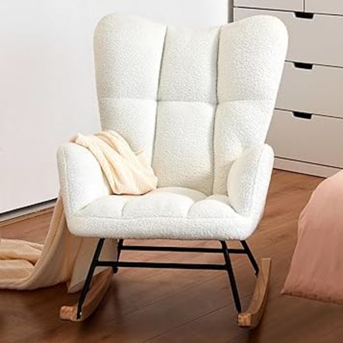 PrimeZone Modern Rocking Chair for Nursery - Teddy Upholstered Glider Rocker with High Backrest, Comfy Armchair Rocking Accent Chairs for Living Room, Bedroom, Offices, White