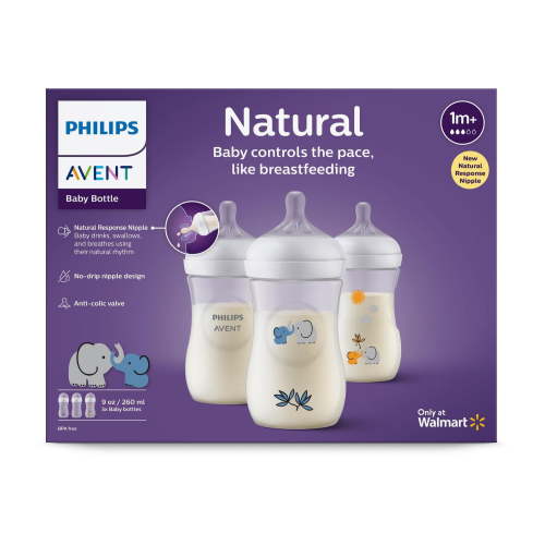 Philips Avent Natural Baby Bottle With Natural Response Nipple, With Blue Elephant Design, 9oz, 3 pack, SCY903/63, Avent Deco Bottle 9oz 3pk - Walmart.ca