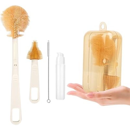 Travel Baby Bottle Cleaning Brush Set, Include Silicone Bottle Brush, Silicone Nipple Brush, Straw Brush, Soap Dispenser and Storage Box, Travel Bottle Cleaner Set for Travel and Home (White)