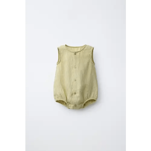 100% STRIPED LINEN ROMPER - Mid-green | ZARA United States