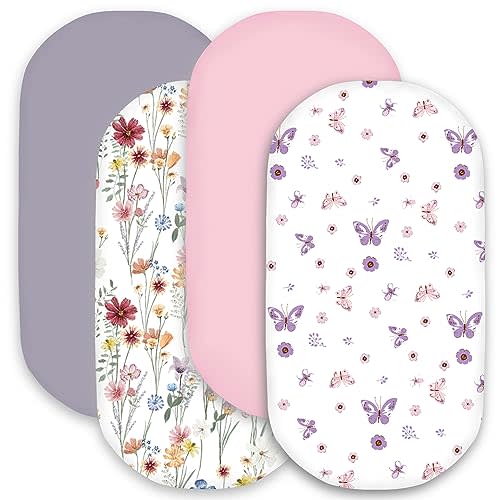 bimocosy Bassinet Sheet, 4 Pack Bassinet Sheets for Baby Girls Boys, Soft Baby Bassinet Fitted Sheets Neutral for Standard Bassinet Mattress, Size 32 x 16 x 4 Inches, Butterfly/Floral/Pink/Purple