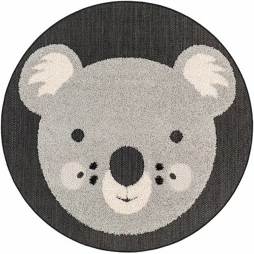 BoutiqueRugs Kids Collection Adhra Koala Animal Design Area Rug for Nursery, Playroom, Toddler Room - Outdoor Safe Kids Round Rug - Nursery Rug - Charcoal, Ivory, Black - 3'11" Round