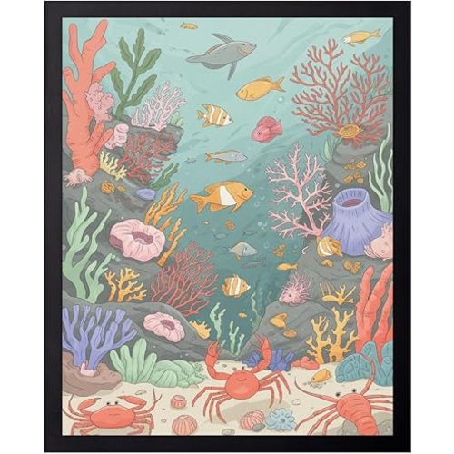 ALPINE INK CO. Kids Ocean Poster - Coral Reef Fish and Crab Artwork - Colorful Marine Life Illustration Style - Nursery Playroom Wall Decor - 8x10 Unframed Print