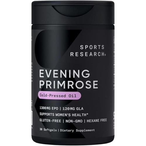 Sports Research Evening Primrose Supplement from Cold Pressed Oil - Softgels for Women’s Health & Skin Health - Gluten Free & Non-GMO GLA - High Potency 1300mg, 30 Count