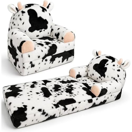 Toddler Chair with Faux Rabbit Fur – 2-in-1 Foldable Kids Couch, Cow Design, Soft Sofa for Reading, Napping, Bedroom or Playroom Use, 18M+