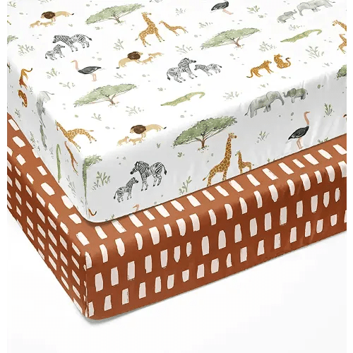 Crib Sheets Neutral - Fitted Baby Crib Sheets Bed for Girl Boy - 2 Pack Standard & Toddler Mattress (Safari Adventure) - Buttery Soft Organic Cotton Blend