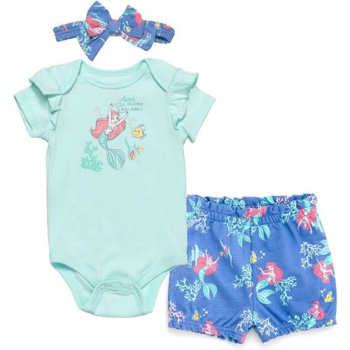 Disney Princess Ariel Belle Tiana Baby Girls Bodysuit Bubble Shorts and Headband 3 Piece Outfit Set Newborn to Infant