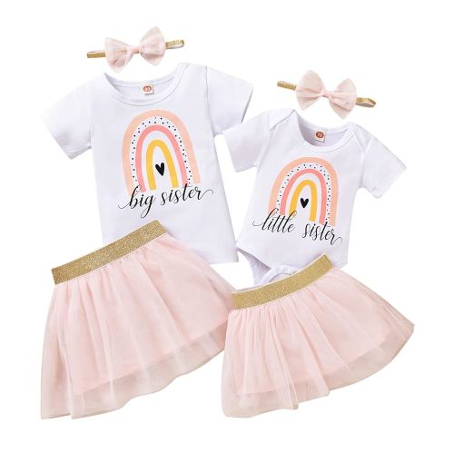 Big Sister Little Sister Matching Outfits Baby Girl Romper/Toddler Girl T-shirt Tops with Tutu Skirt Clothes Set