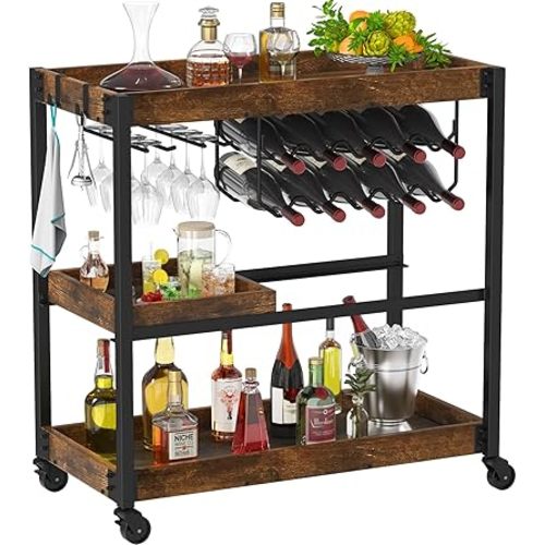TomCare Bar Cart for Home Heavy Duty Serving Cart with Wheels Storage Shelves 3-Tier Rolling Beverage Carts with Wine Rack Glass Holder Adjustable Tray for Kitchen Living Room Dinning Room