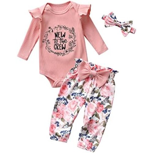 Newborn Baby Girl Outfits Clothes Preemie Infant Long Sleeve Romper Ruffle Floral Bow Pants Headband 3pcs Set