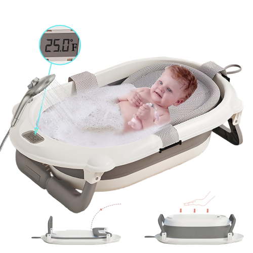 AJONALAA Folding Baby Bathtub with Real-Time Temperature & Showerhead Holder,Portable Infant Tub(Gray,Net)