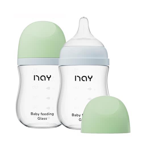 Natural Glass Baby Bottle Wide Neck, Anti-Colic Baby Bottle, Clear, 5.4oz(Pack of 2), Includes 2Pcs Natural Response Nipple(S), 1 Months+