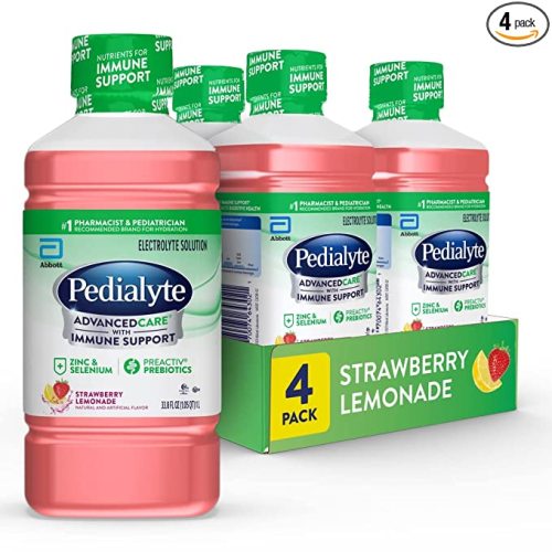 Pedialyte AdvancedCare Electrolyte Solution with PreActiv Prebiotics, Hydration Drink, Strawberry Lemonade, 1 Liter, 4 Count